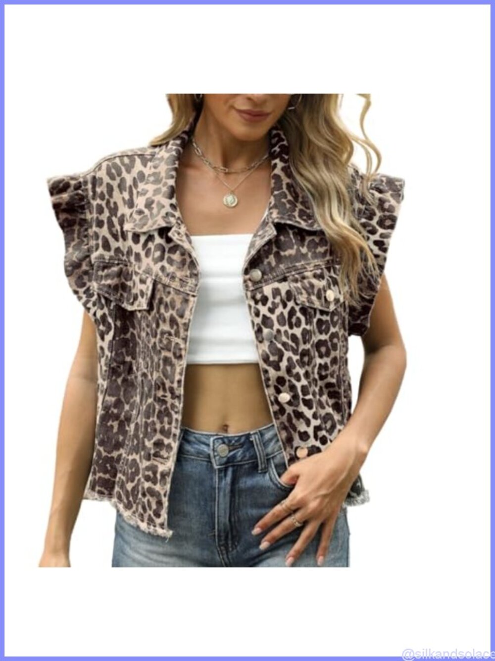Women's Denim Vest Crop Top Ruffle Sleeve Button Down Summer Casual Y2K